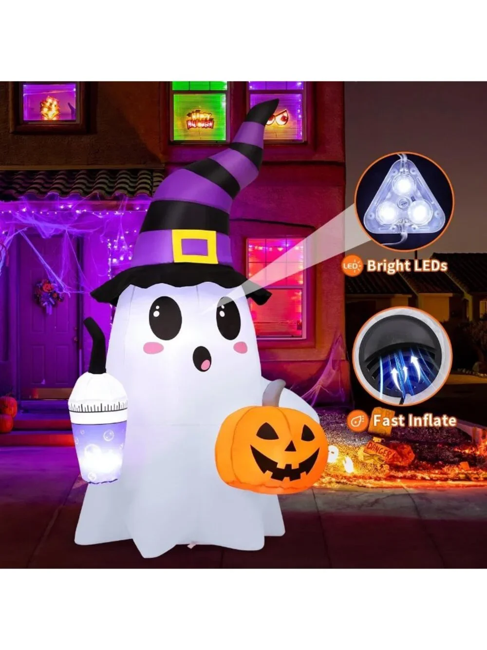 Cute Halloween Inflatable Ghosts with Magic Drinks & Pumpkin - LED Yard Decor